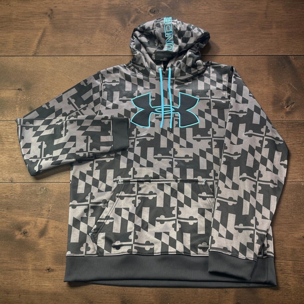 Under Armour Mens Maryland Flag Print Fleece Pullover Hoodie Grey Black Blue XL